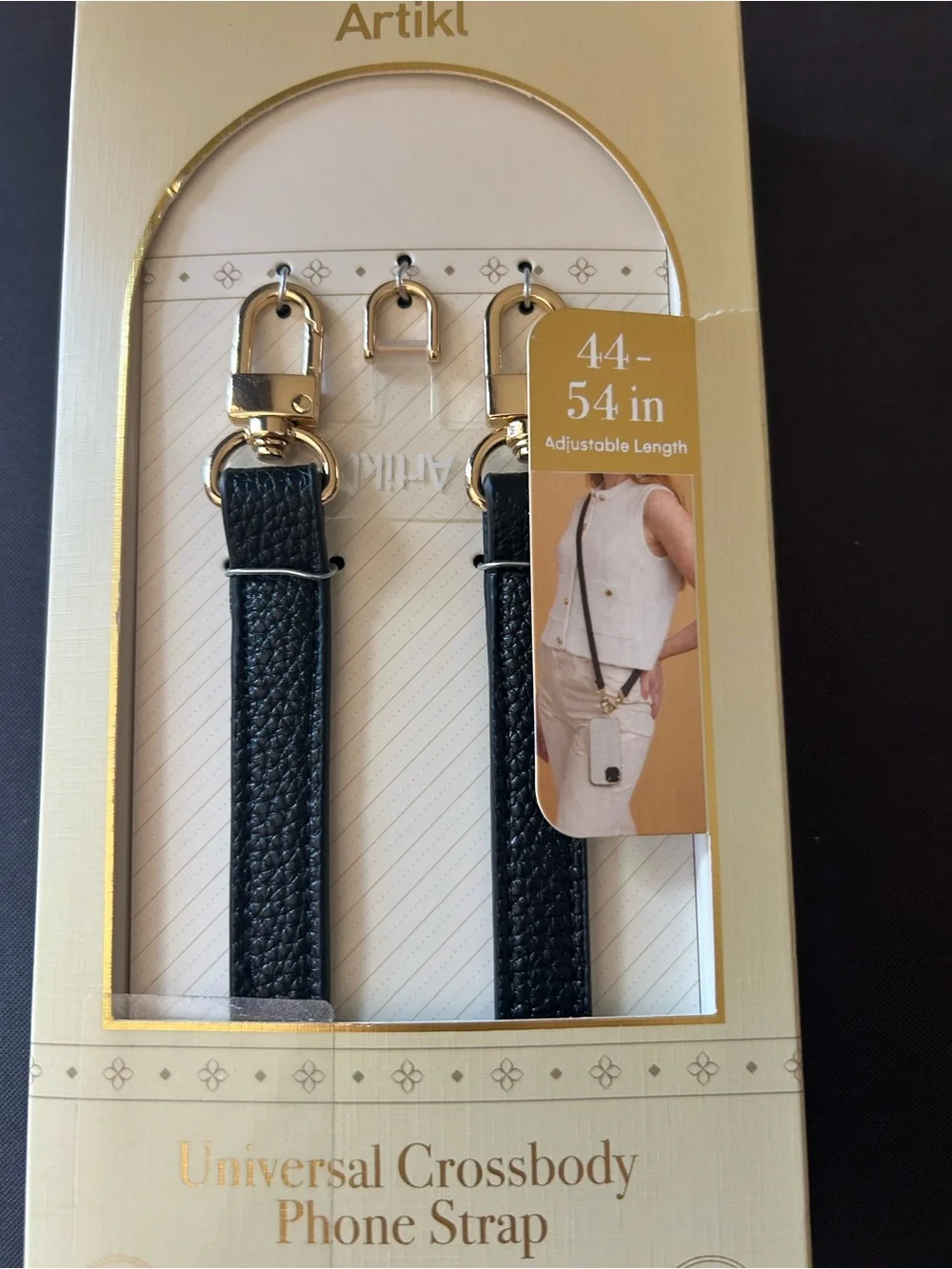 Black Universal Crossbody Phone Strap with Gold Hardware